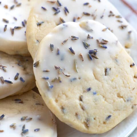 Glazed cookie with lavender flowers.