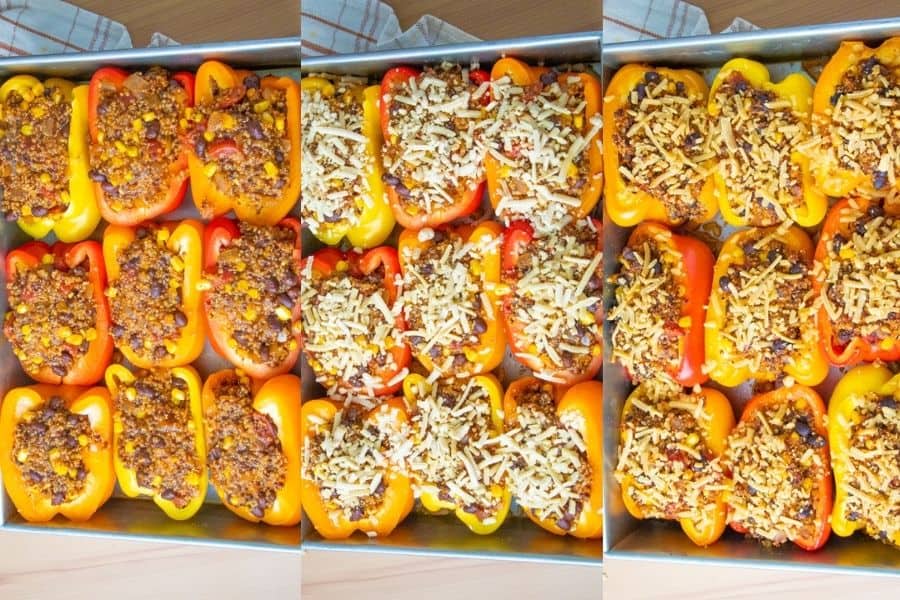 Three photos of the stuffed peppers, cheese on top and then baked.