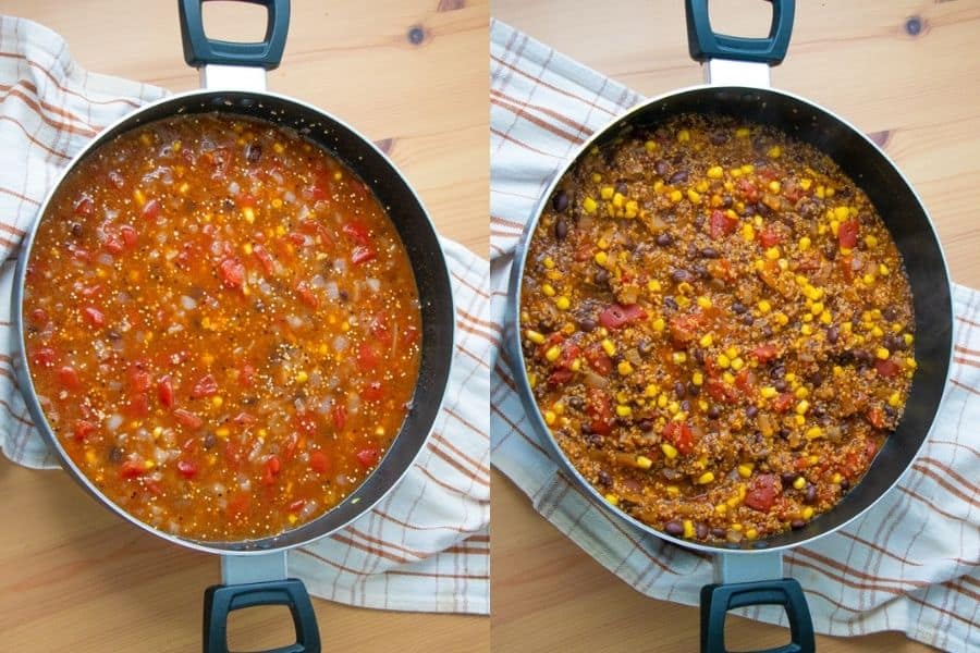 Before and after photos of quinoa filling before cooking and after.