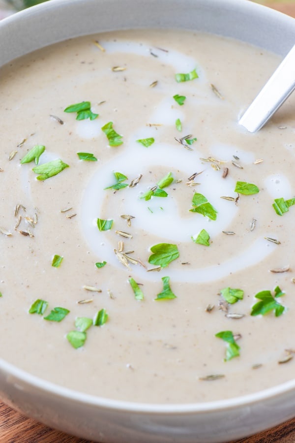 Close up photo of soup with coconut milk swirl in the middle.