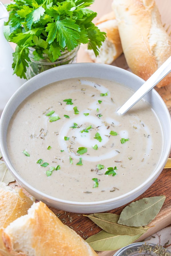 Soup recipe with ingredients around the gray bowl.