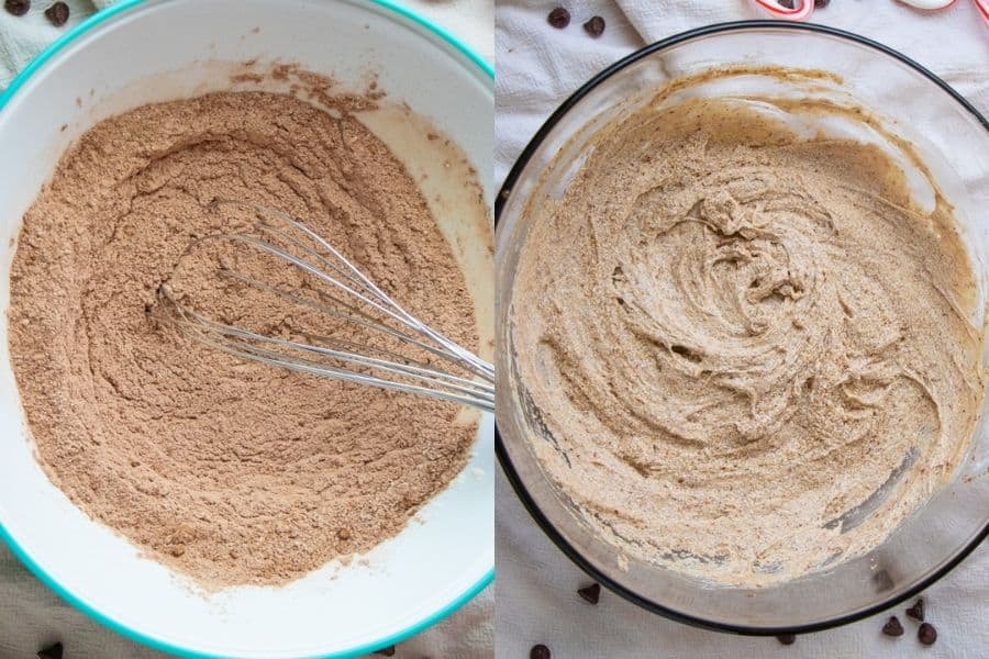 Two pictures of dry and wet cookie ingredients side by side.