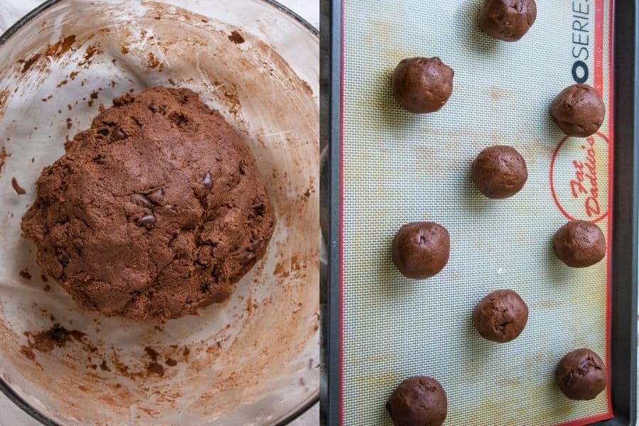 Two photos side by side of finished cookie dough and cookie dough balls on baking tray.