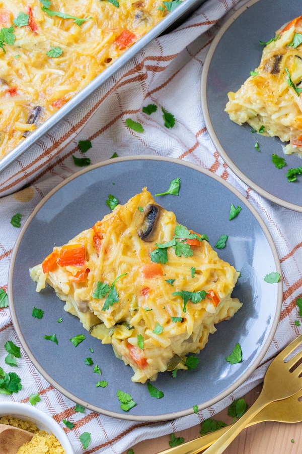 Casserole slice on a gray plate.