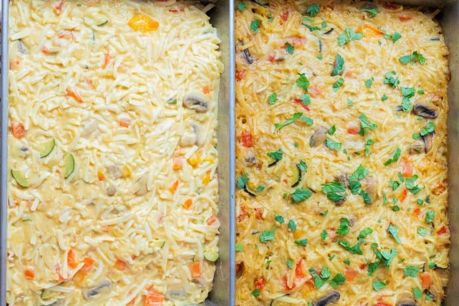 Casserole before and after baking.