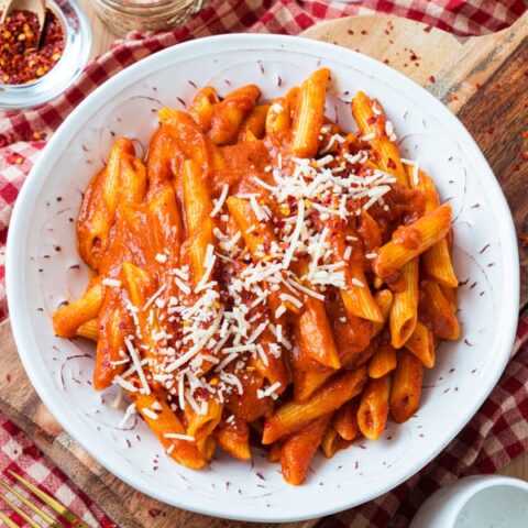 Finished pasta served on a table.