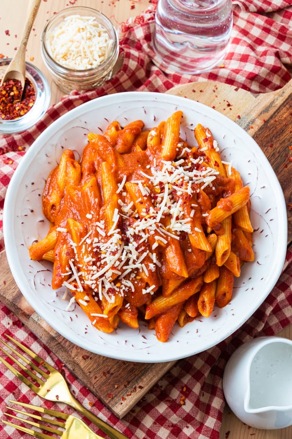 Finished pasta served on a table.