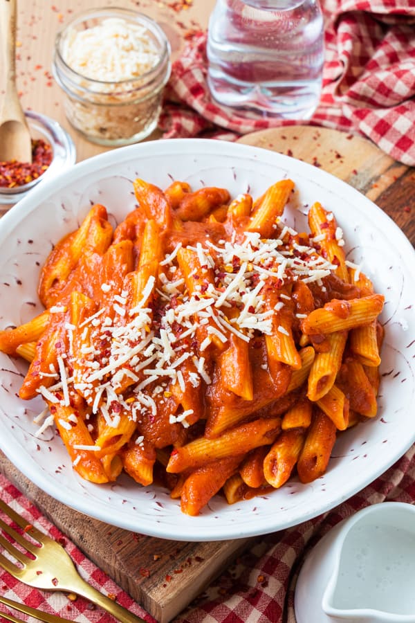 Pasta served in white bowl.