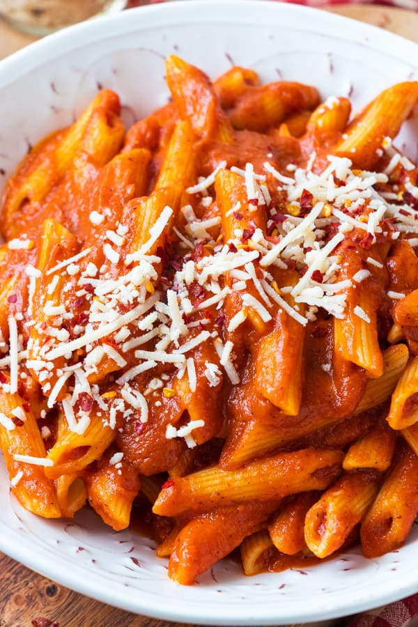 Closeup of pasta in white bowl.