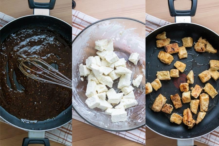 Making the sauce and fried tofu.