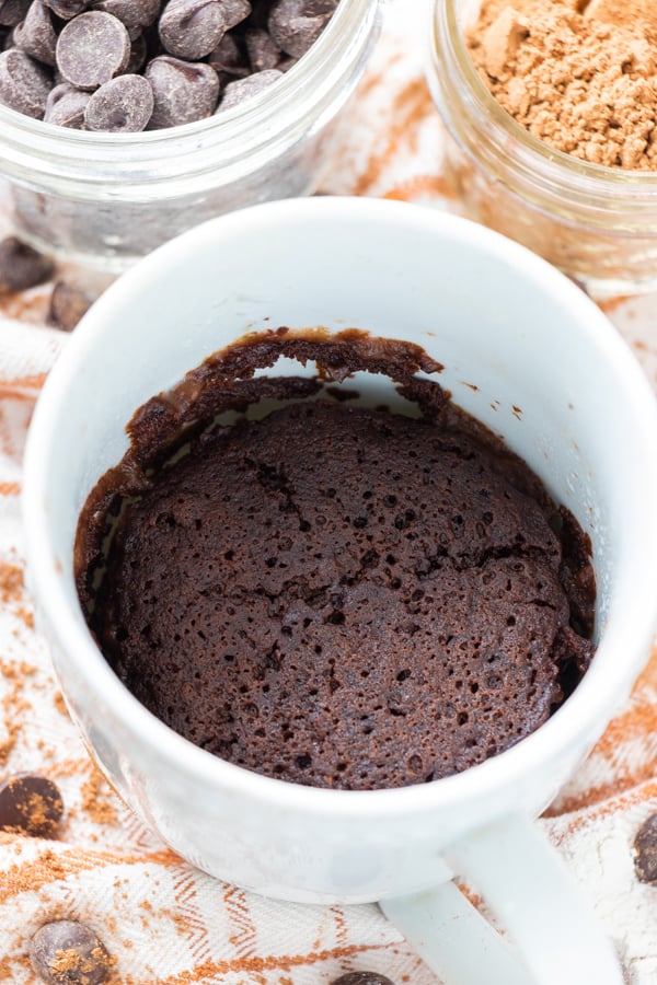 Microwaved cake in mug.