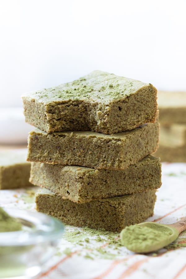 Matcha brownies with bite mark.