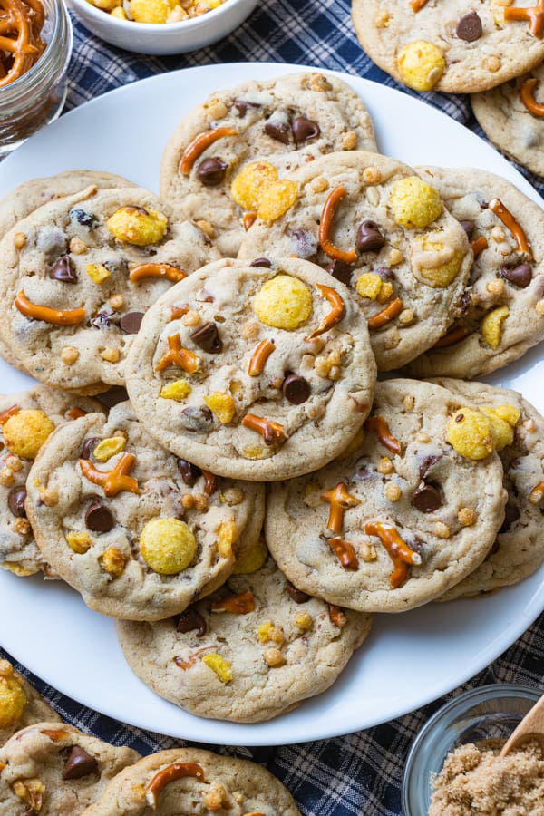 Cookies stacked on serving plate.