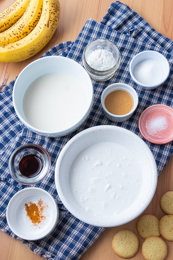 Pudding ingredients in bowls.