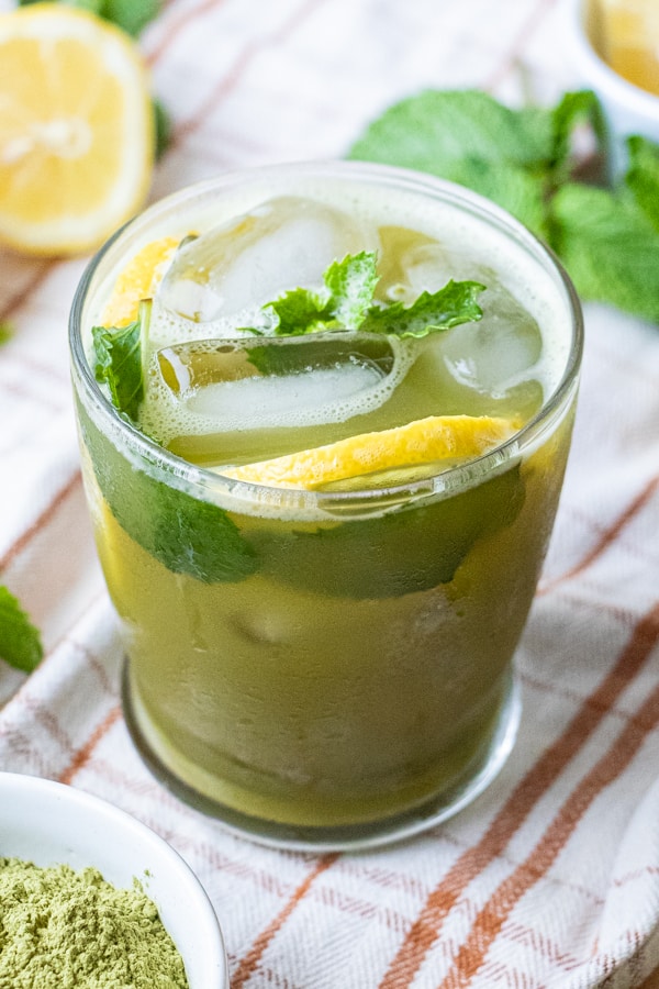 Lemonade in glass serving cup.