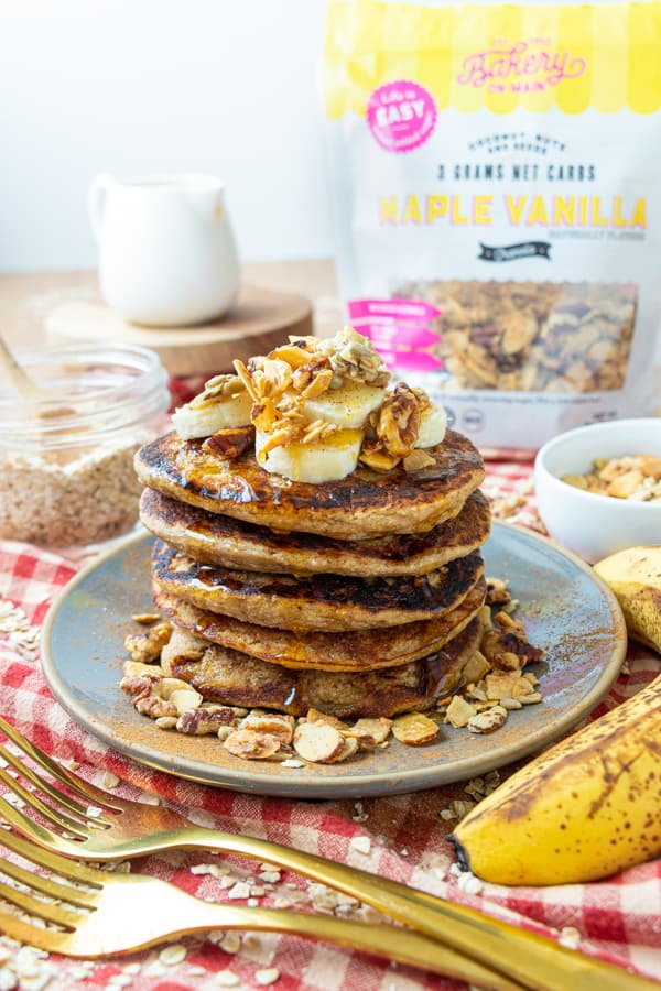 Pancakes with granola bag.