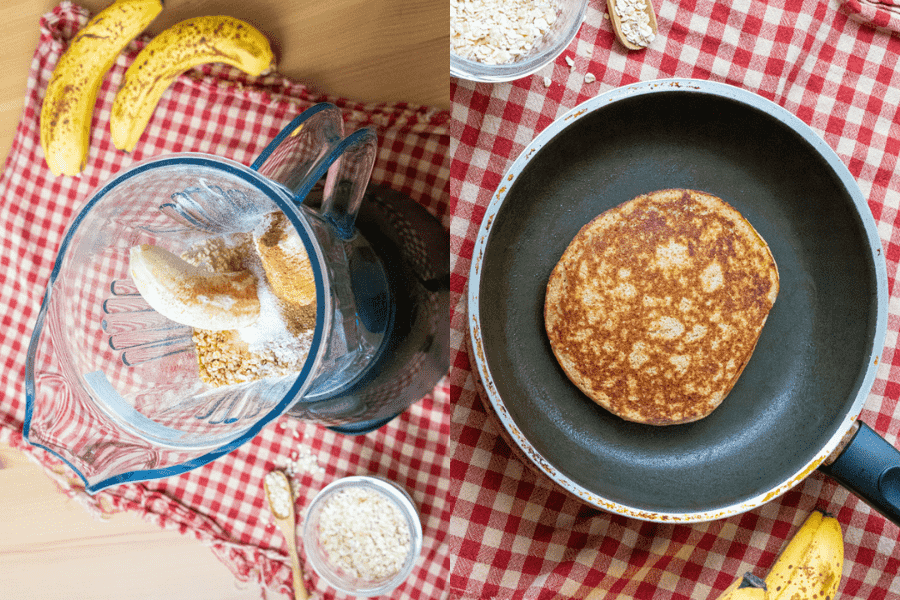 Blending and cooking pancakes.