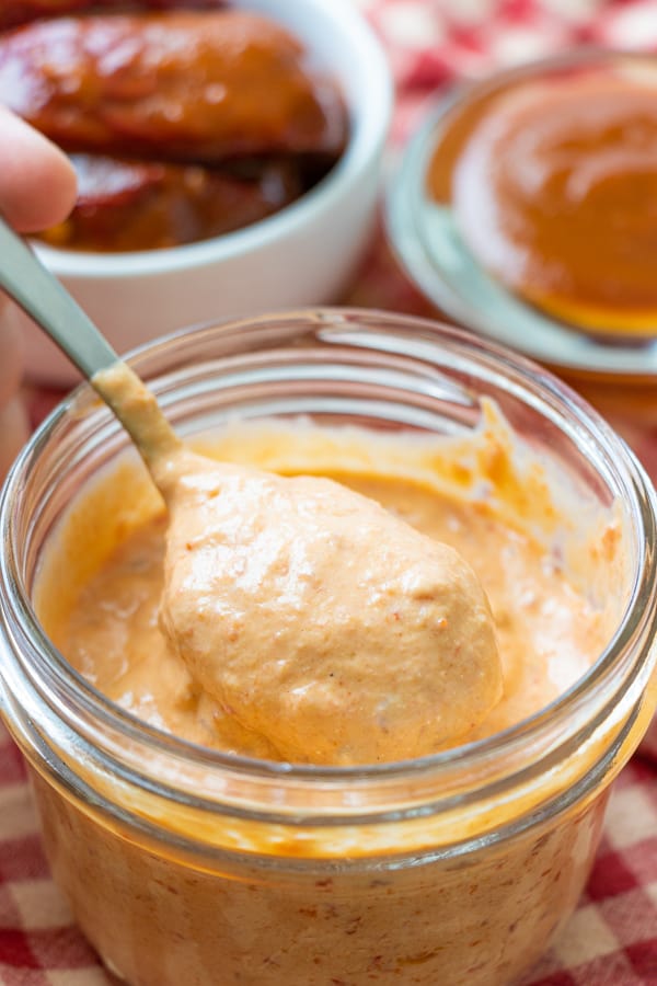 Sauce in glass jar.