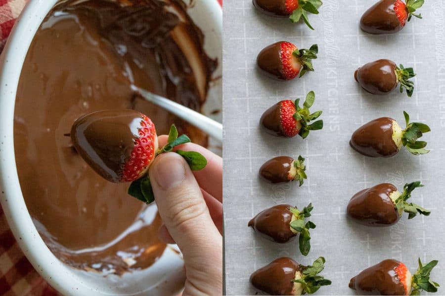 Dipping the strawberries in chocolate.