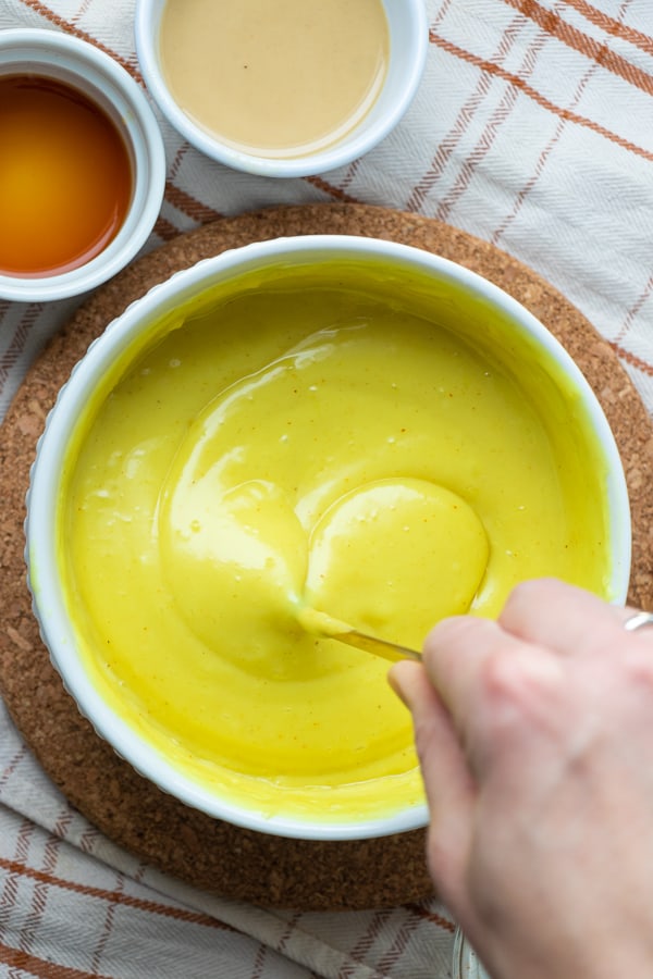 Creamy custard in white bowl.